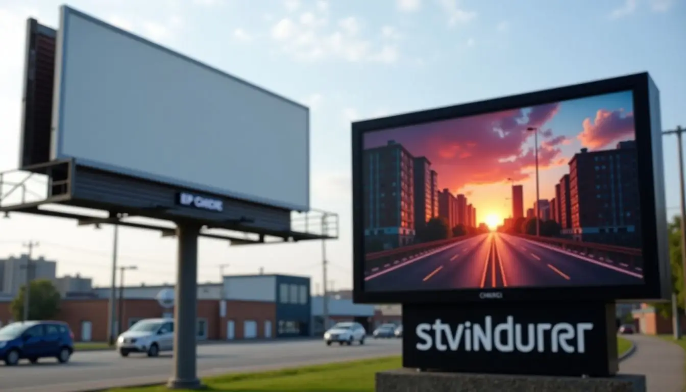 A comparison of traditional billboard and digital sign advertising outdoors. A comparison of traditional billboard and digital sign advertising outdoors.