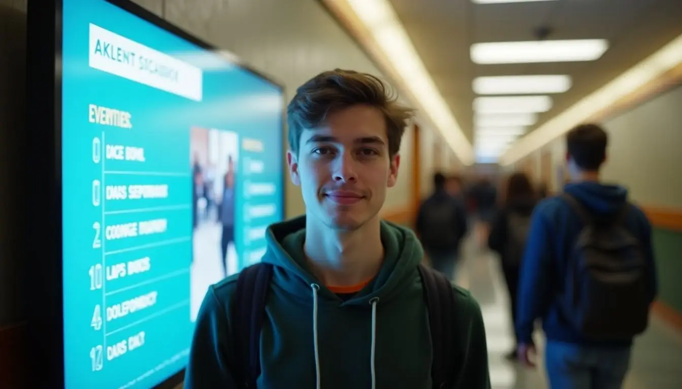 A college student stands in front of a digital campus update screen. A college student stands in front of a digital campus update screen.