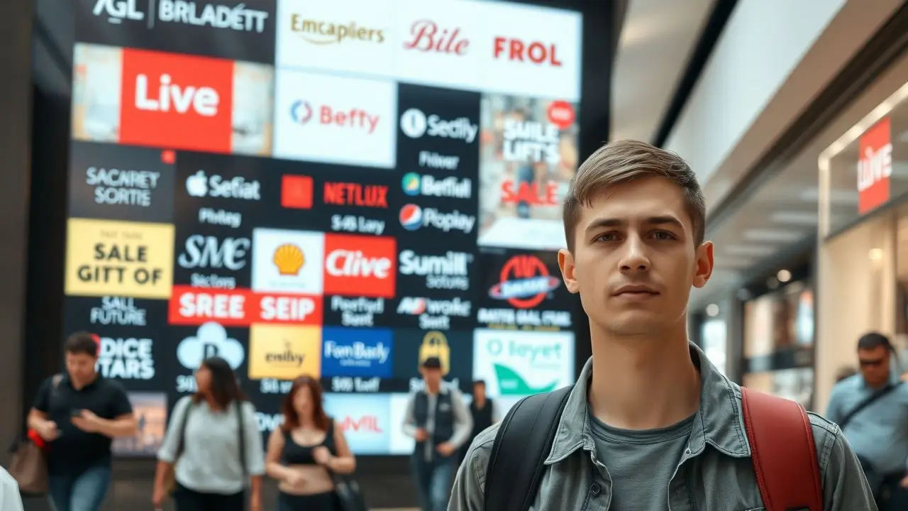A busy shopping mall with a digital display board and shoppers. A busy shopping mall with a digital display board and shoppers.