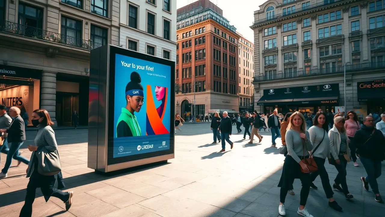A digital signage board displaying colorful ads in a city square. A digital signage board displaying colorful ads in a city square.