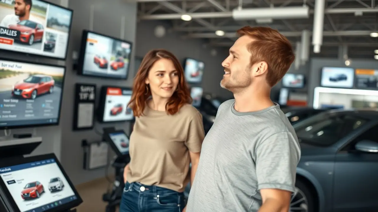 A couple browsing cars in a modern dealership showroom.