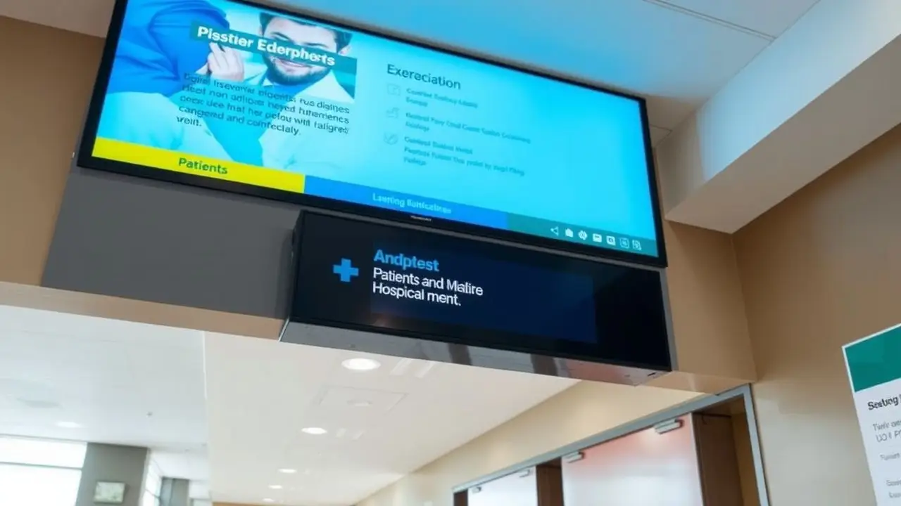 A digital signage display in a hospital lobby with clear, informative content. A digital signage display in a hospital lobby with clear, informative content.