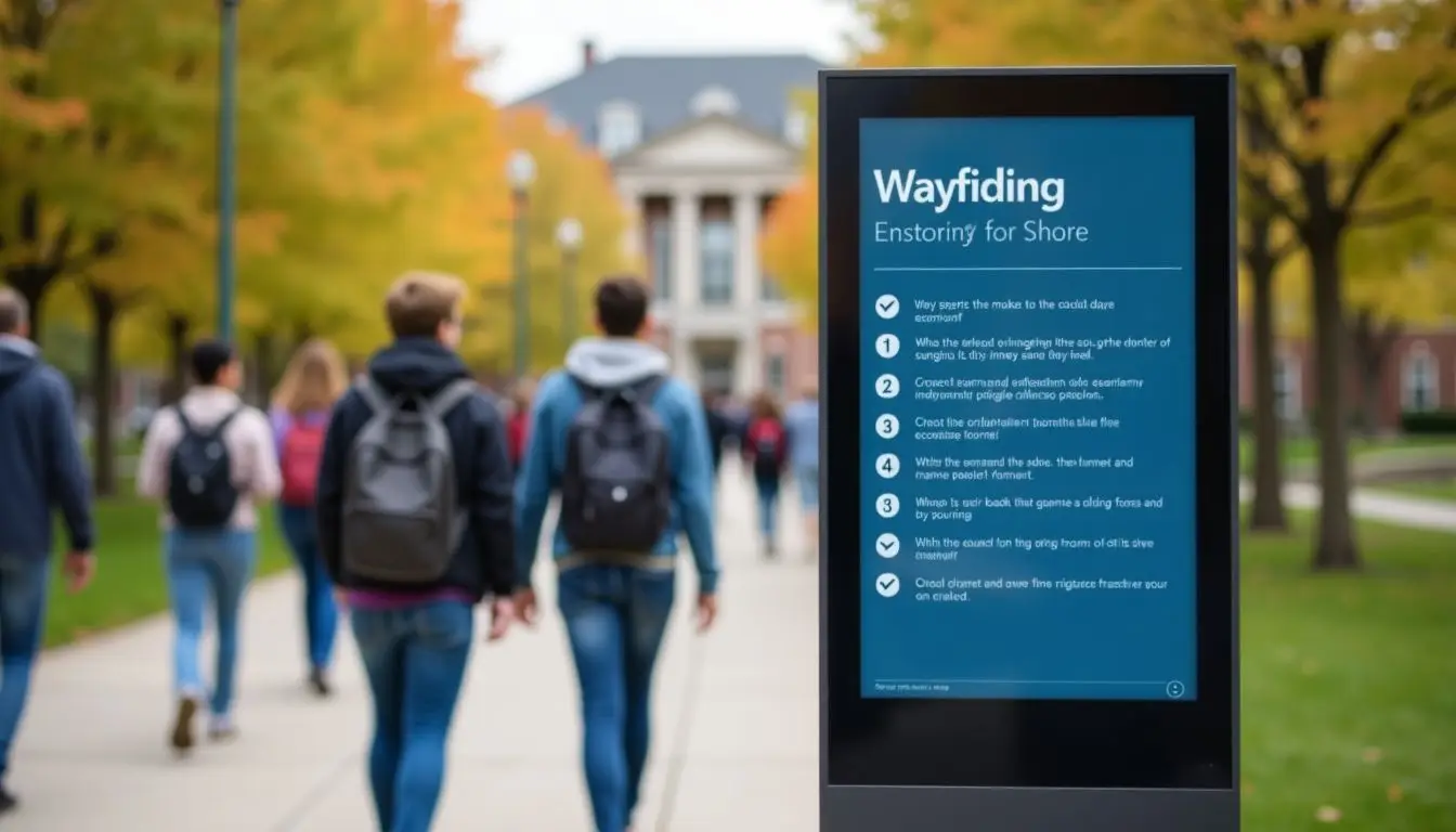 A university campus with students and a digital wayfinding sign. A university campus with students and a digital wayfinding sign.