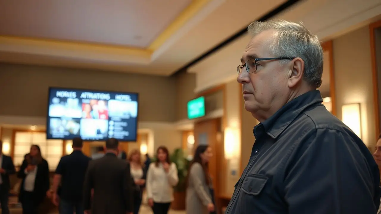 A middle-aged man in casual clothing looks at hotel services display. A middle-aged man in casual clothing looks at hotel services display.