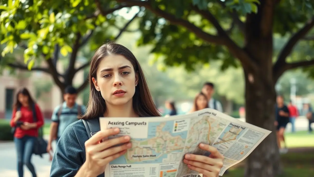 A student stands under a tree, looking at a campus map. A student stands under a tree, looking at a campus map.