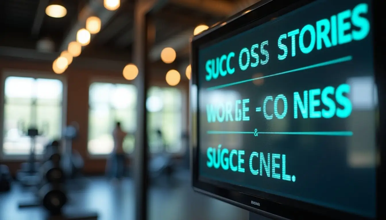 A gym digital sign displays success stories and fitness tips. A gym digital sign displays success stories and fitness tips.