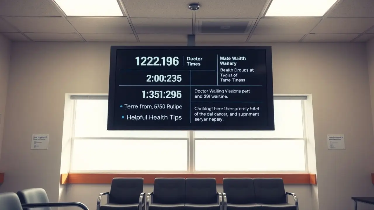 A medical facility waiting room with real-time information and welcoming atmosphere. A medical facility waiting room with real-time information and welcoming atmosphere.