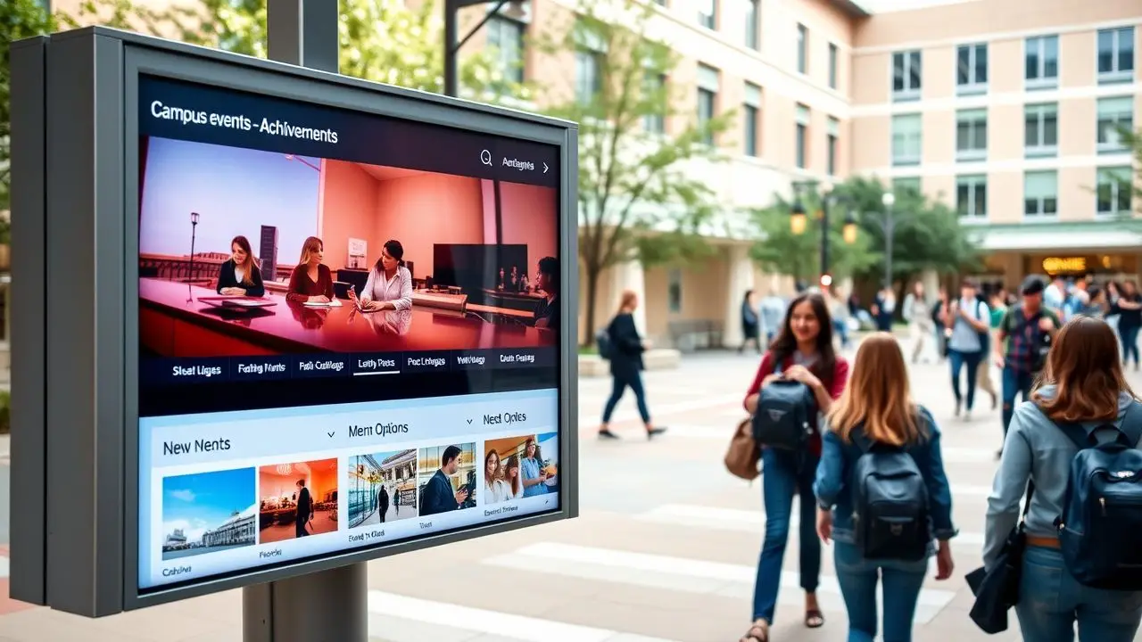 A digital signage board in a college campus courtyard showcases campus events and news. A digital signage board in a college campus courtyard showcases campus events and news.
