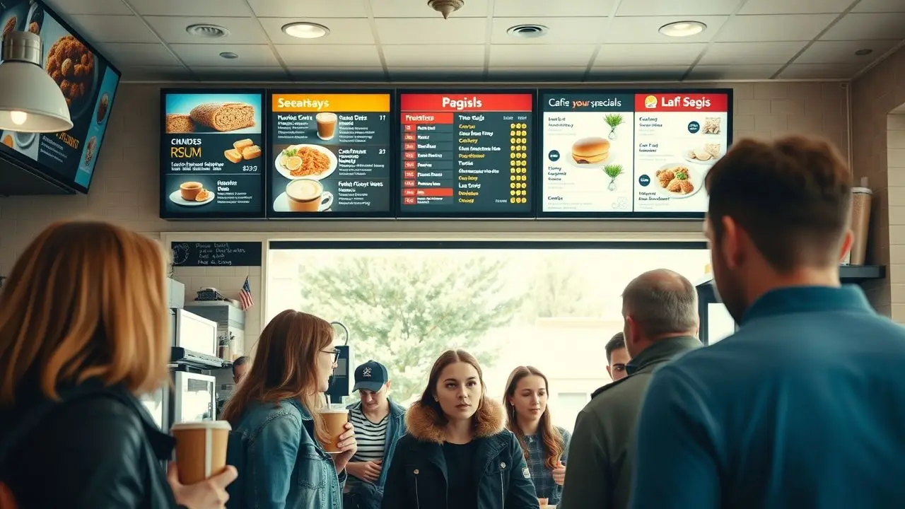 Busy café with casual customers ordering from digital menu board.