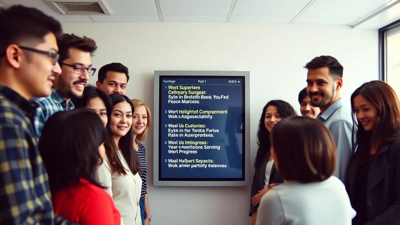 A diverse group of employees gathered around a digital company announcement board. A diverse group of employees gathered around a digital company announcement board.