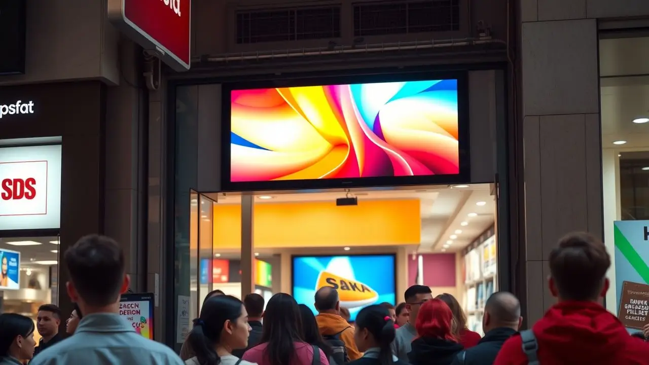 A digital signage display above a busy retail store on a city street. A digital signage display above a busy retail store on a city street.