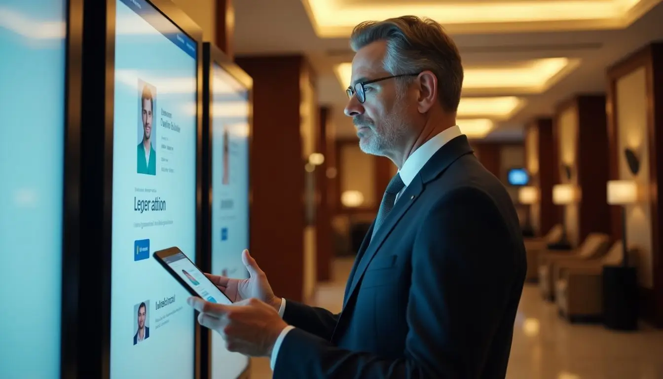 A middle-aged hotel manager updating digital signage in a luxurious lobby. A middle-aged hotel manager updating digital signage in a luxurious lobby.