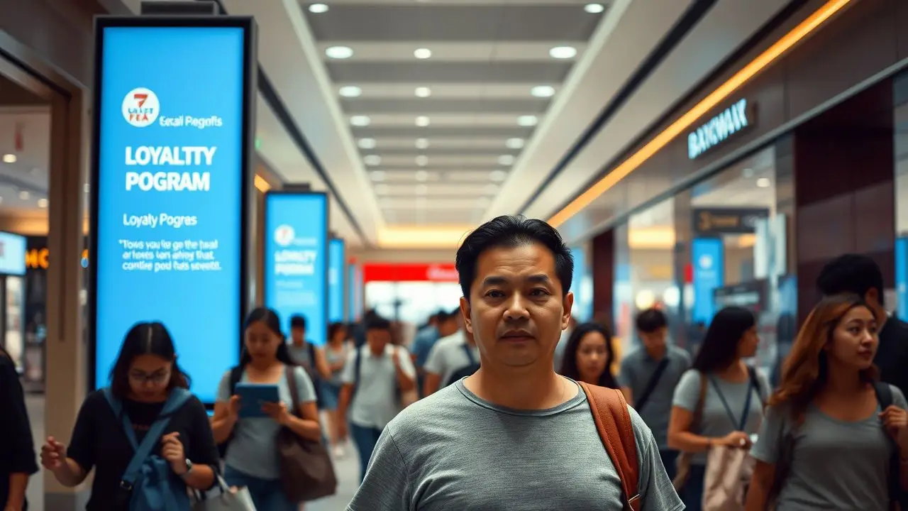 A busy retail store in a mall featuring digital loyalty program displays. A busy retail store in a mall featuring digital loyalty program displays.