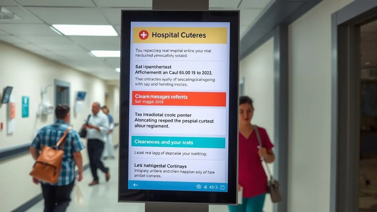 A digital signage screen in a hospital corridor displaying real-time updates.