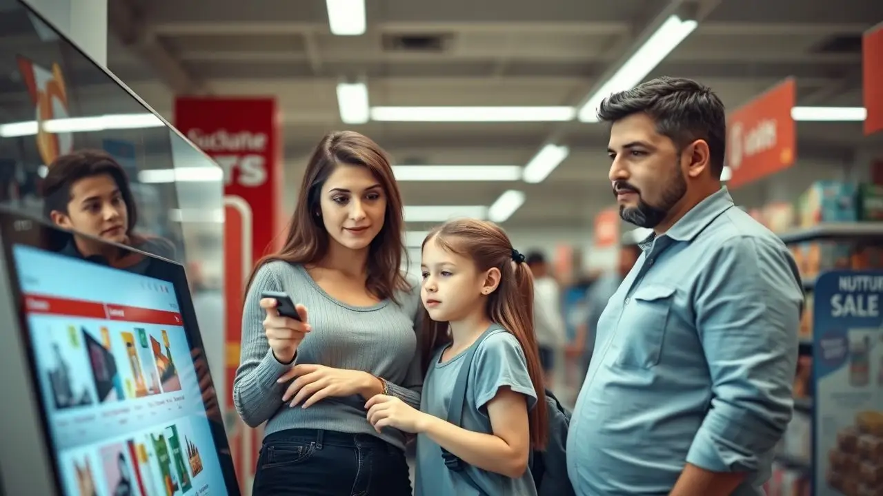 A family interacts with a digital signage display in a retail store.