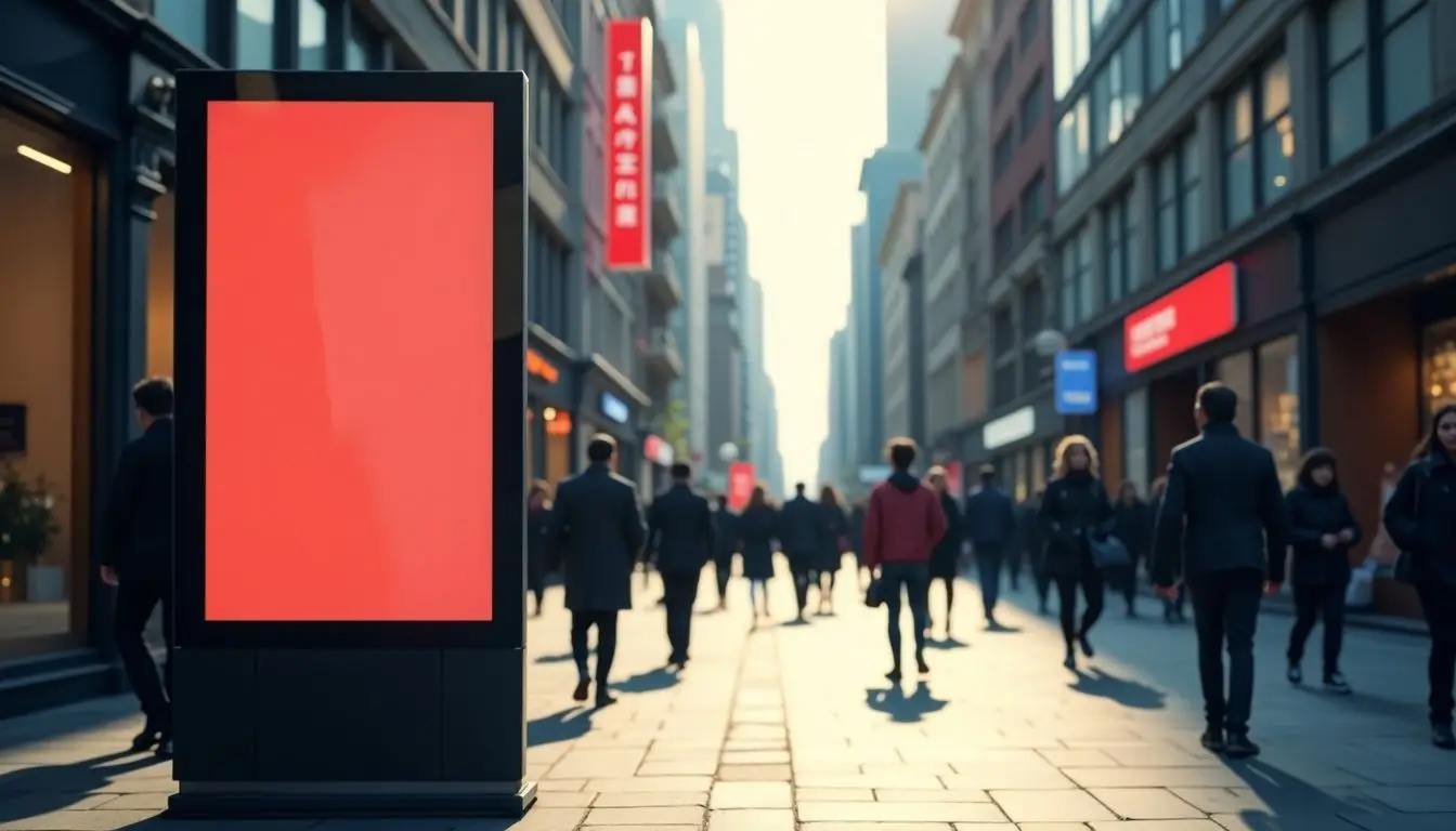 A digital signage display shows a vibrant advertisement in a busy city street.