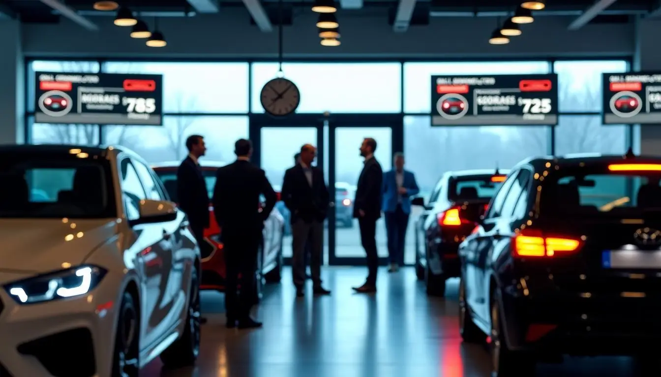 A busy car dealership showroom with digital signs guiding customers.