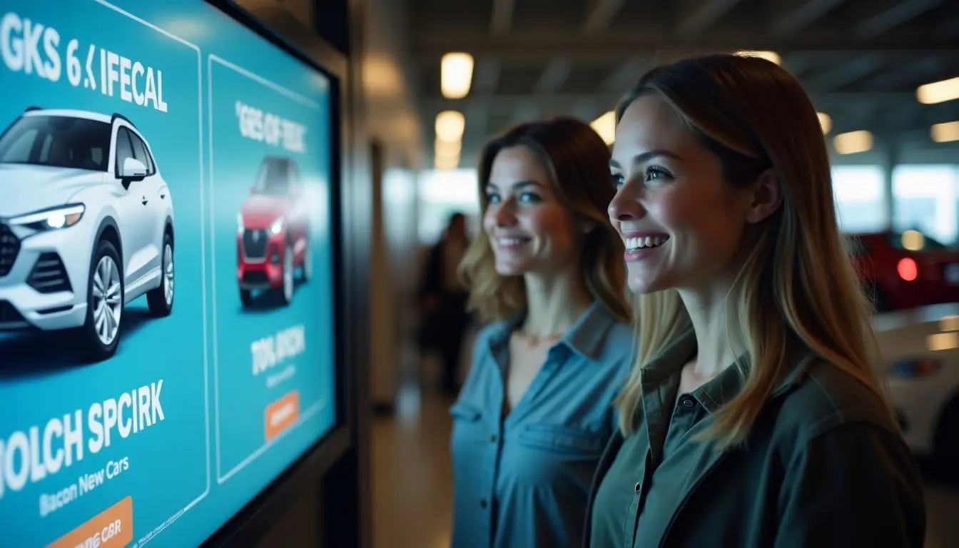 A couple in a car showroom looking at special discounts on cars. A couple in a car showroom looking at special discounts on cars.
