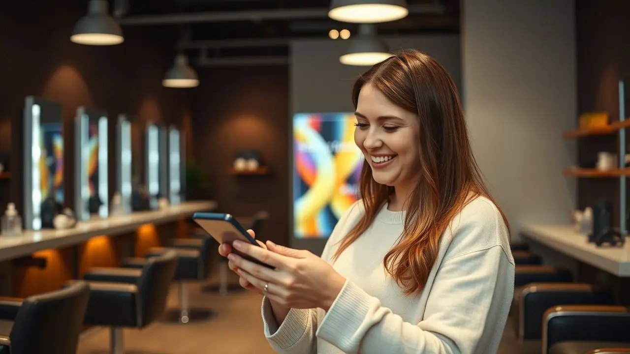A woman in a modern salon happily looks at digital display.