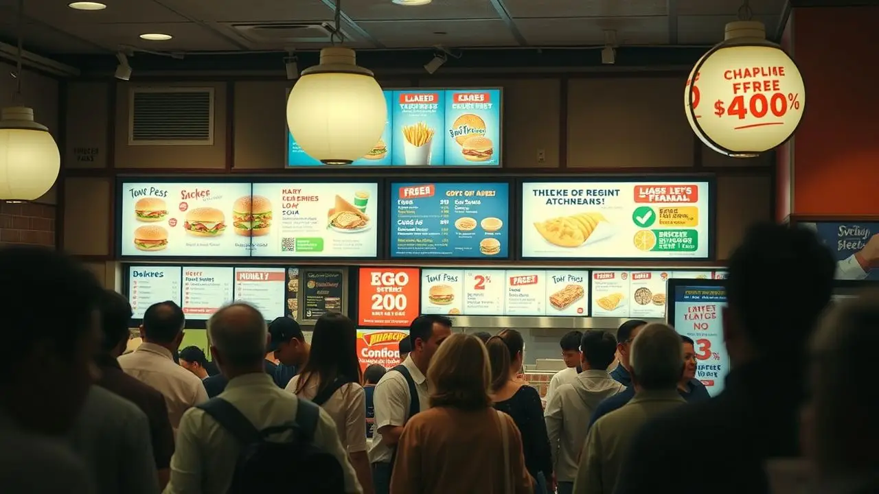 A busy quick-service restaurant with colorful digital signs and warm lighting.
