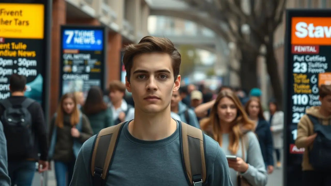 A university student walks through a busy campus filled with students.