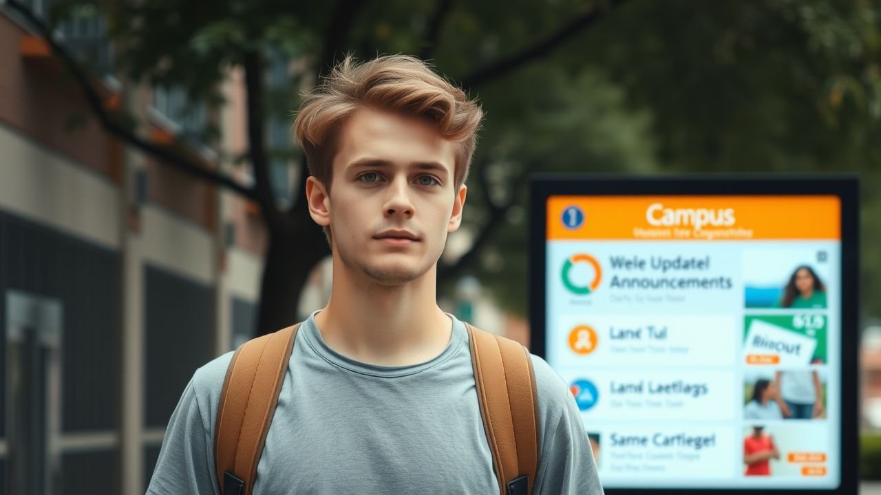 A college student walks on campus past a digital sign.