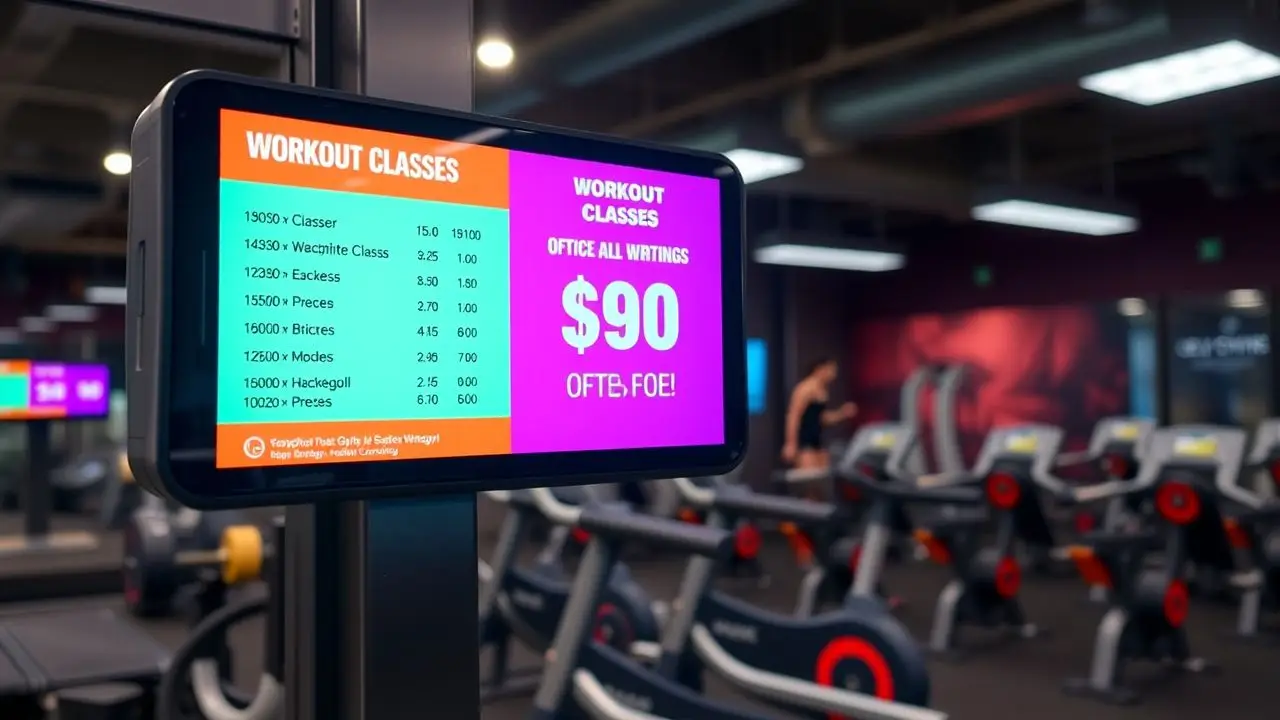 A digital display in a gym featuring workout schedules and promotions.