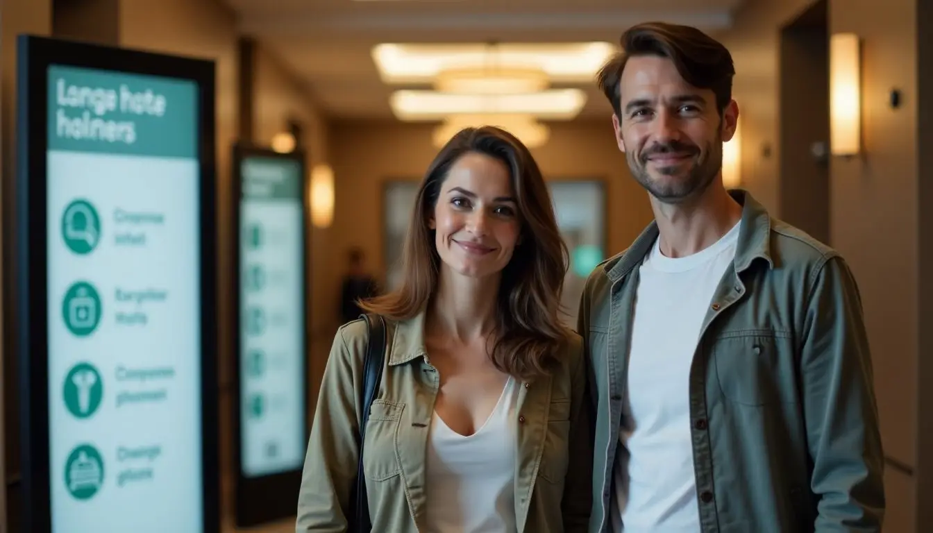 A couple in their late 30s walking through a hotel lobby.