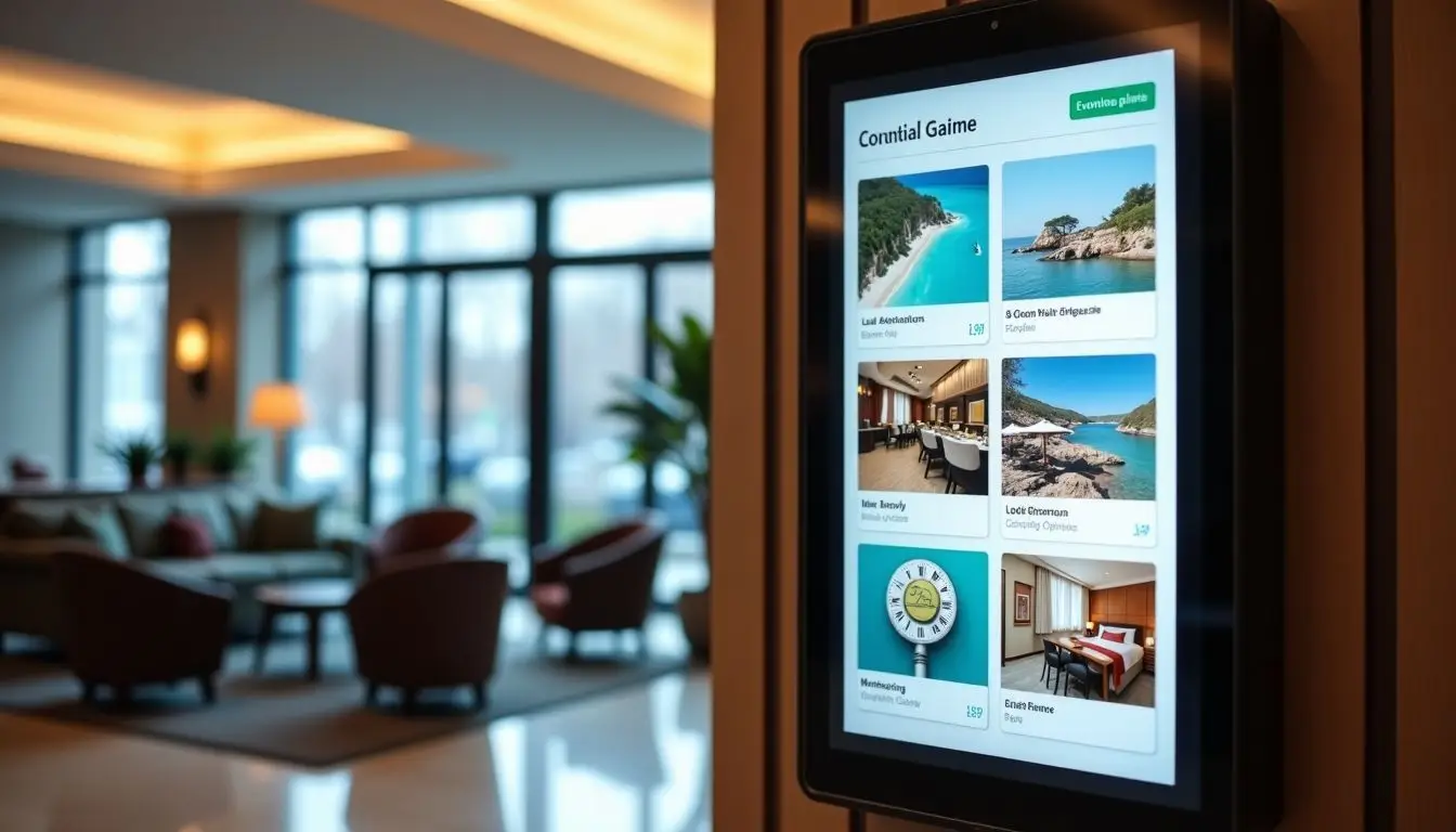 A digital signage display in a hotel lobby provides information for guests.