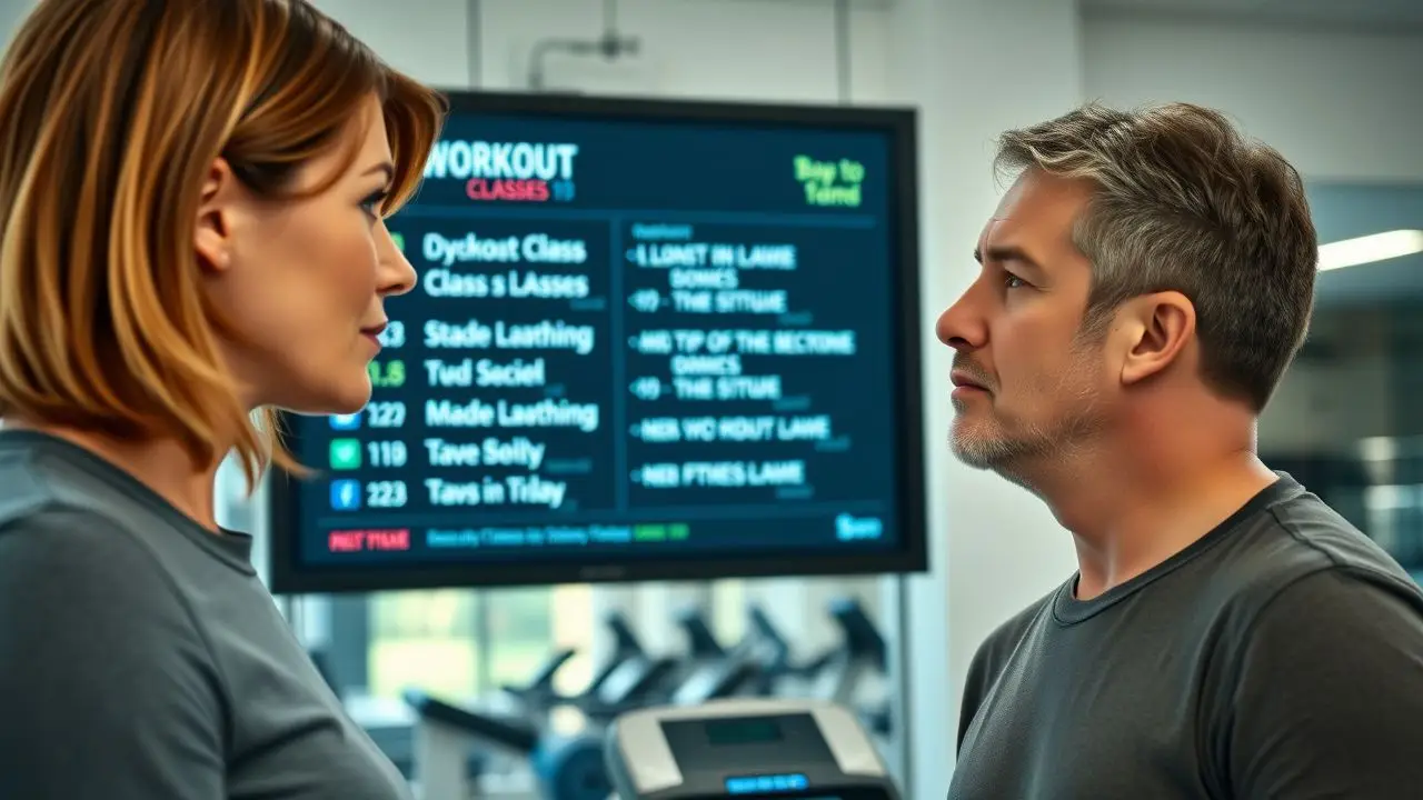 A couple in their 30s looking at fitness center schedule together. A couple in their 30s looking at fitness center schedule together.