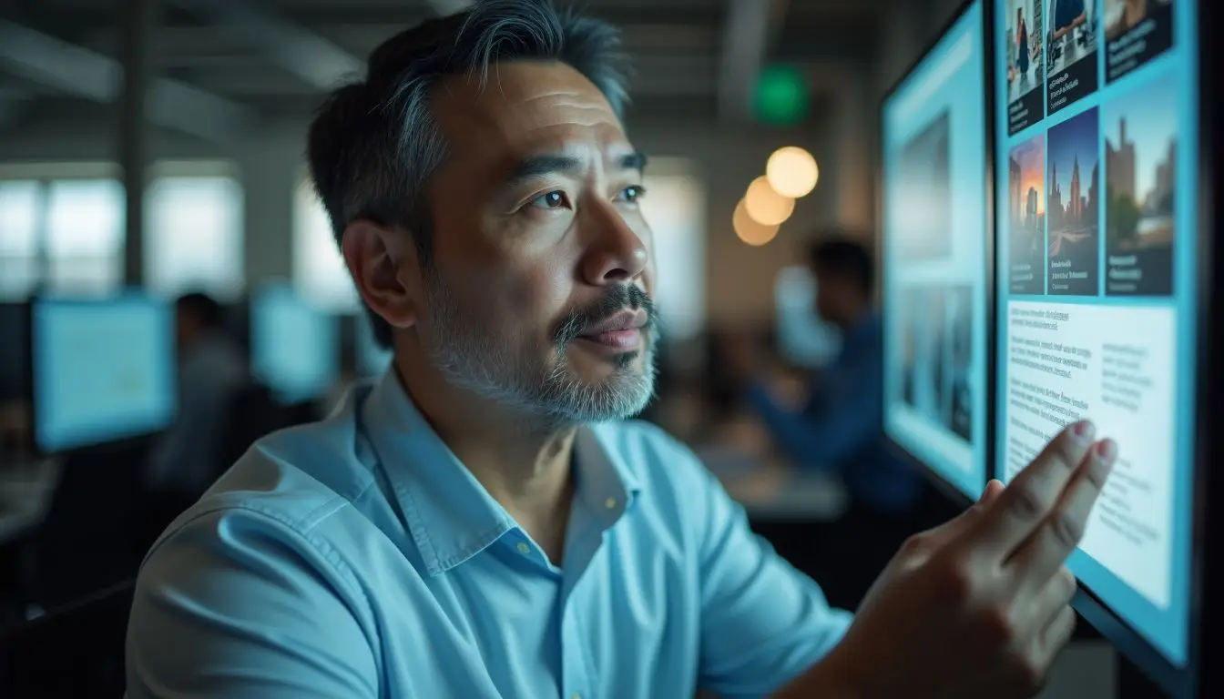 A middle-aged man looking at digital display in corporate office.