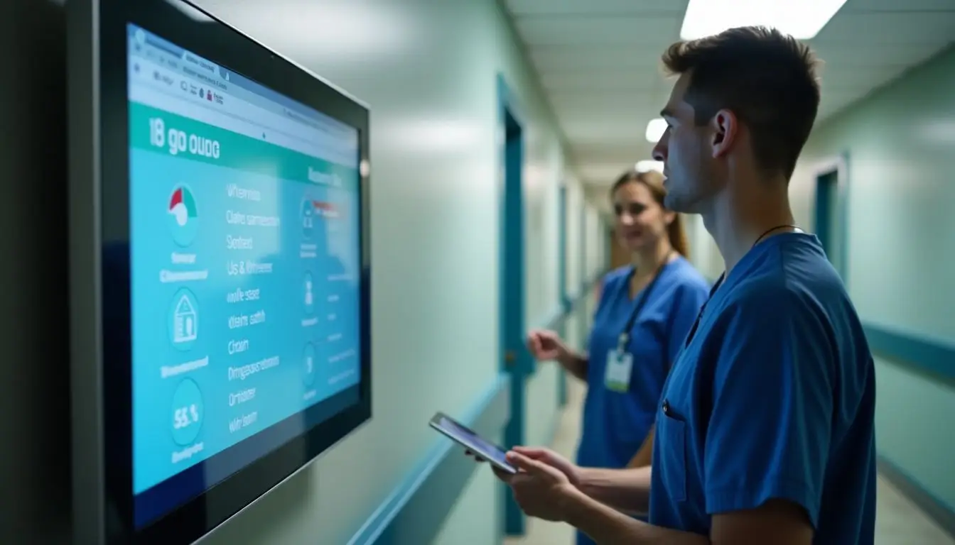A hospital staff member receiving training on digital signage system.