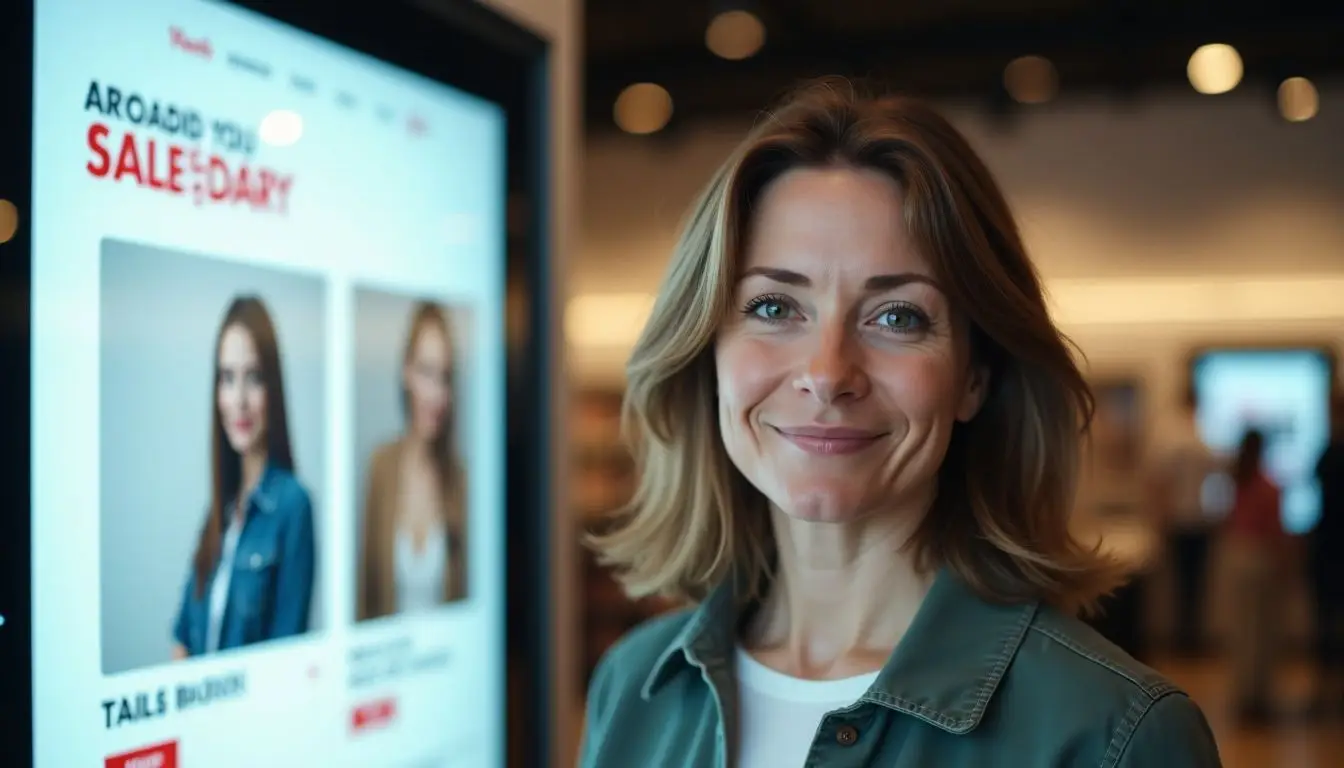 A woman standing in front of a digital signage screen in a store. A woman standing in front of a digital signage screen in a store.