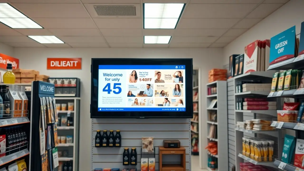 A digital signage display in a small retail store featuring promotions. A digital signage display in a small retail store featuring promotions.
