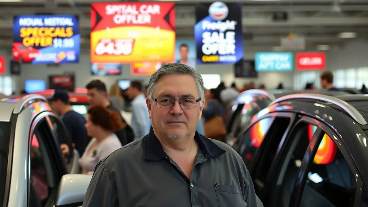 Busy car dealership showroom with diverse customers and special offers. Busy car dealership showroom with diverse customers and special offers.