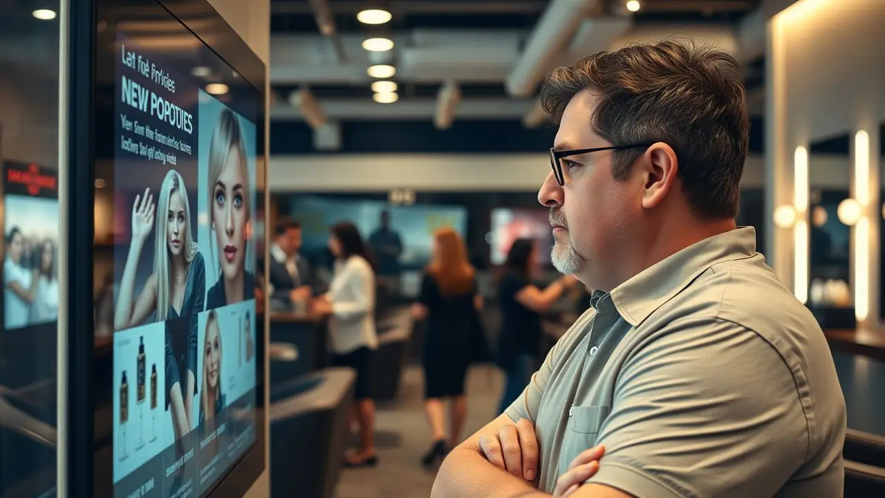 A couple in their mid-30s looking at salon promotions on digital display.
