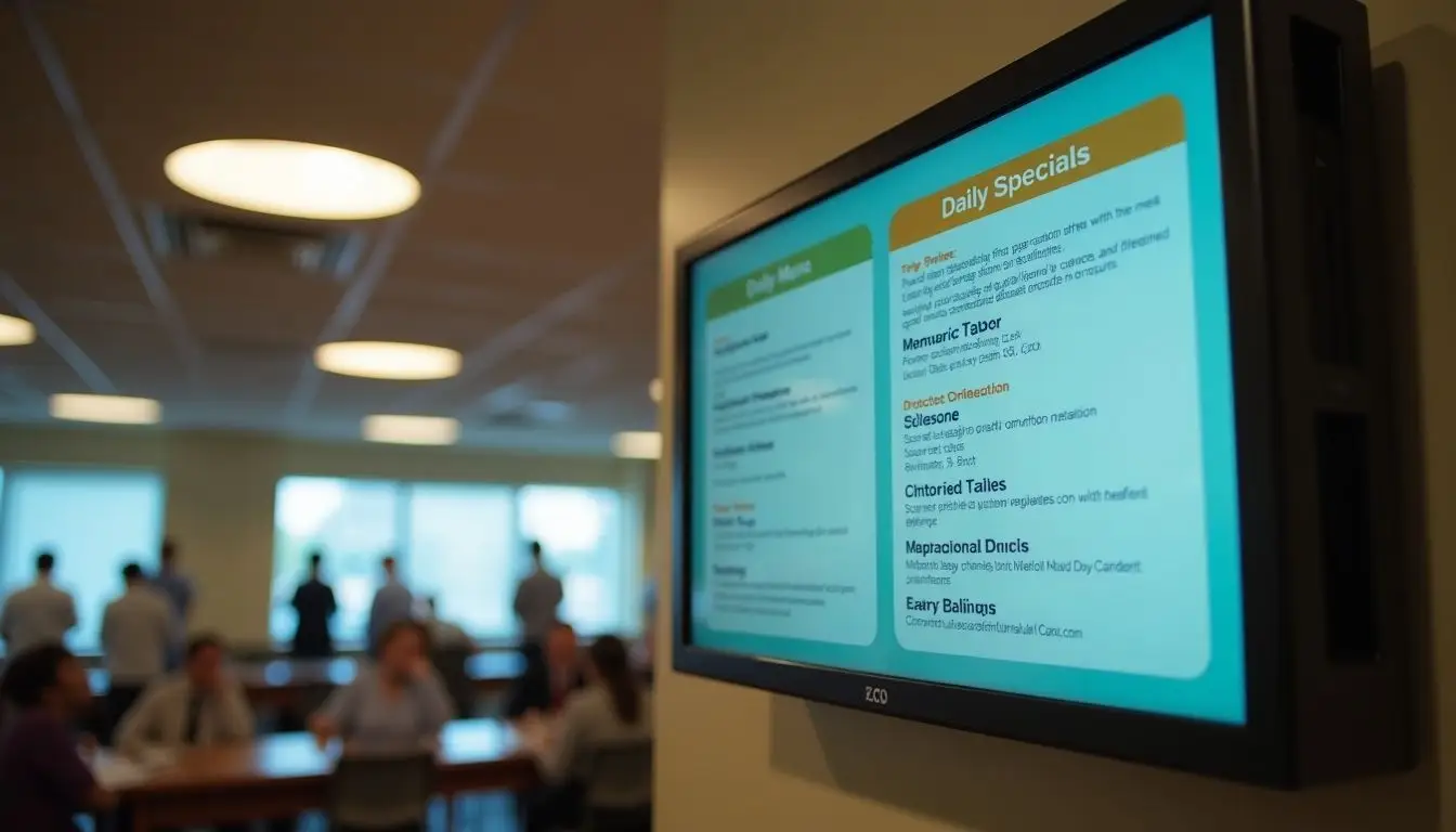 A hospital cafeteria digital sign displaying menu options and dietary information. A hospital cafeteria digital sign displaying menu options and dietary information.