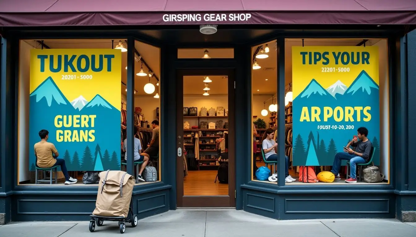 An outdoor gear shop with vibrant window displays and changing promotions.