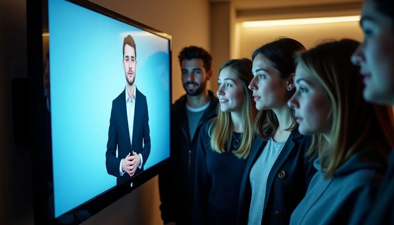 Students watching hologram guest lecture on digital signage at Loughborough University.