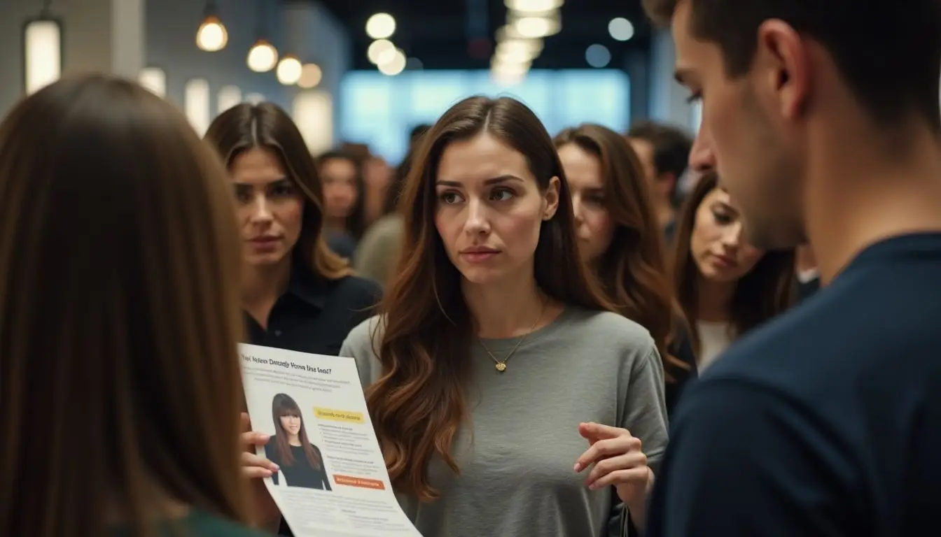 Confused customers examining poorly designed salon loyalty program flyer.