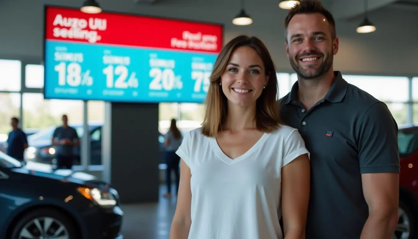 A couple in their 30s stands in front of a colorful digital sign in an auto dealership. A couple in their 30s stands in front of a colorful digital sign in an auto dealership.