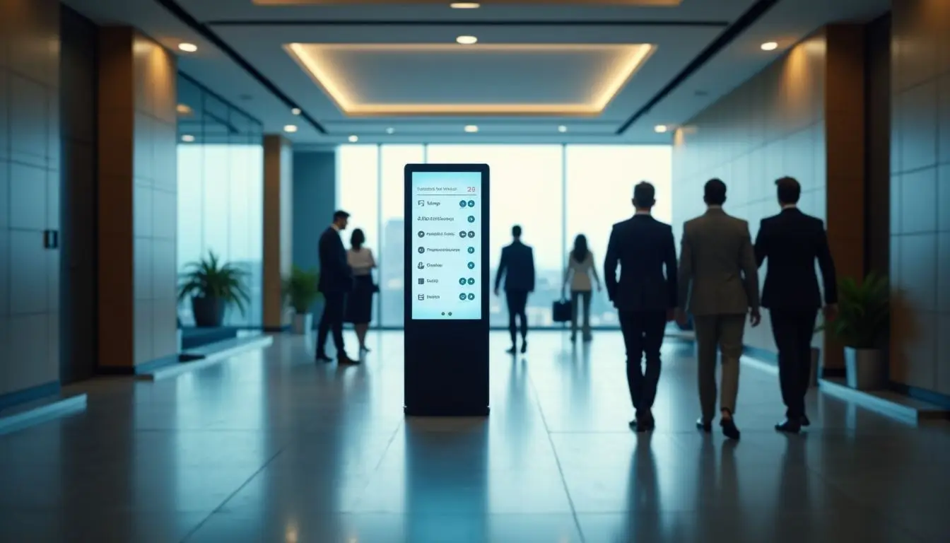 A modern office lobby with interactive wayfinding digital display.