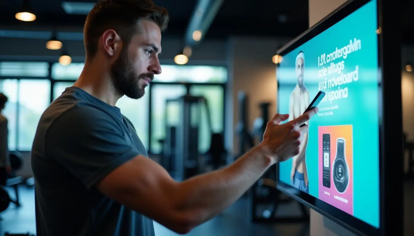A man in a gym interacting with digital signage promoting fitness.