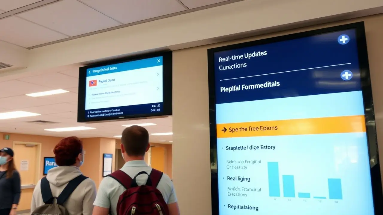 A digital signage display in a hospital lobby provides real-time updates and directions for visitors.