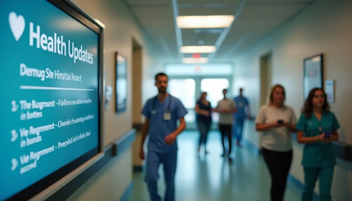 A hospital corridor with a digital sign and people walking. A hospital corridor with a digital sign and people walking.