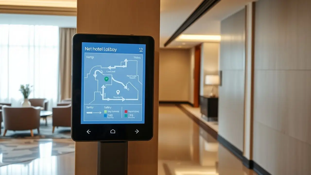 A digital hotel sign displays lobby map and upcoming events.
