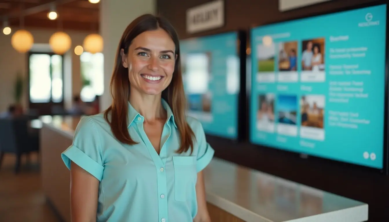 A hotel receptionist stands in front of a digital display in the lobby.
