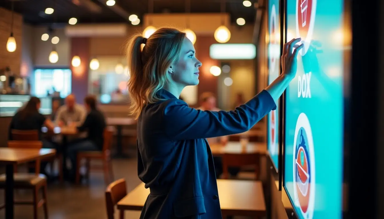 A woman in her 30s adjusting a digital signage in a modern restaurant.