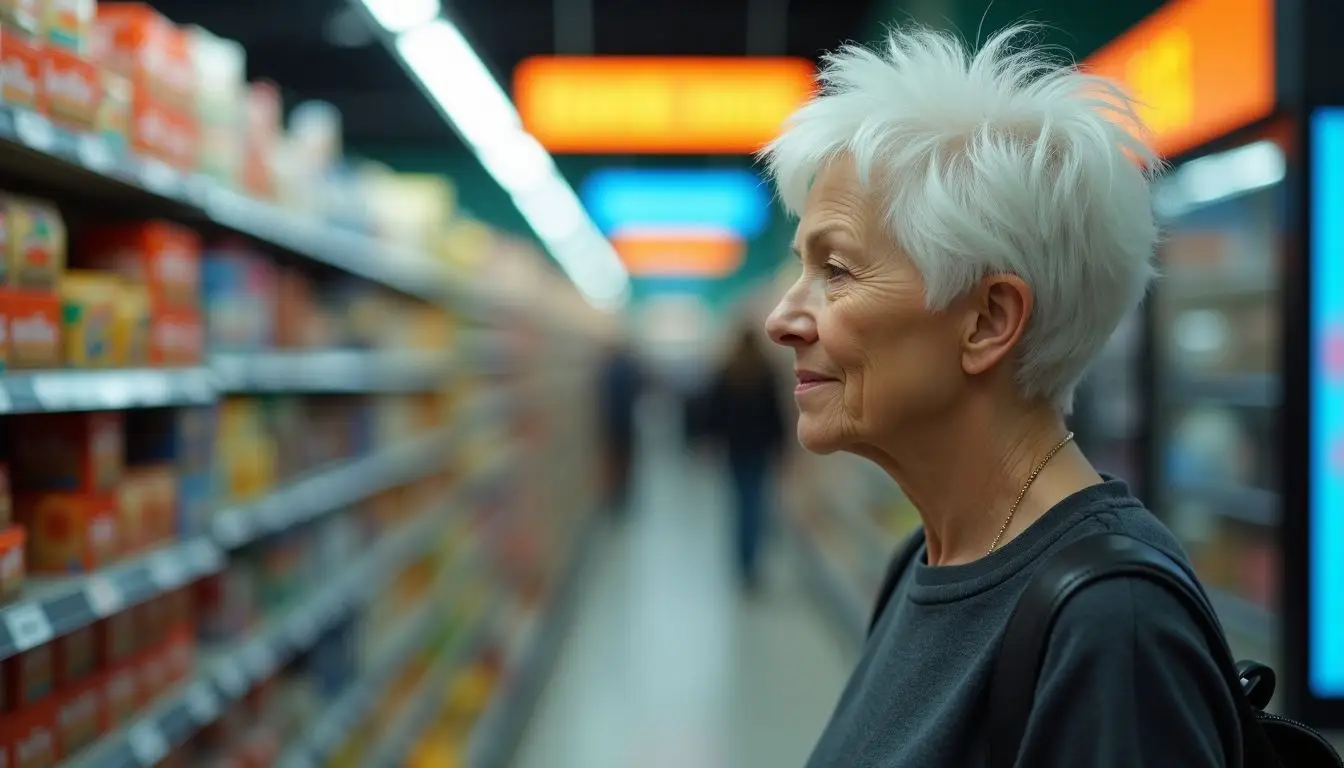 Elderly woman shopping in a store aisle with digital signs. Elderly woman shopping in a store aisle with digital signs.
