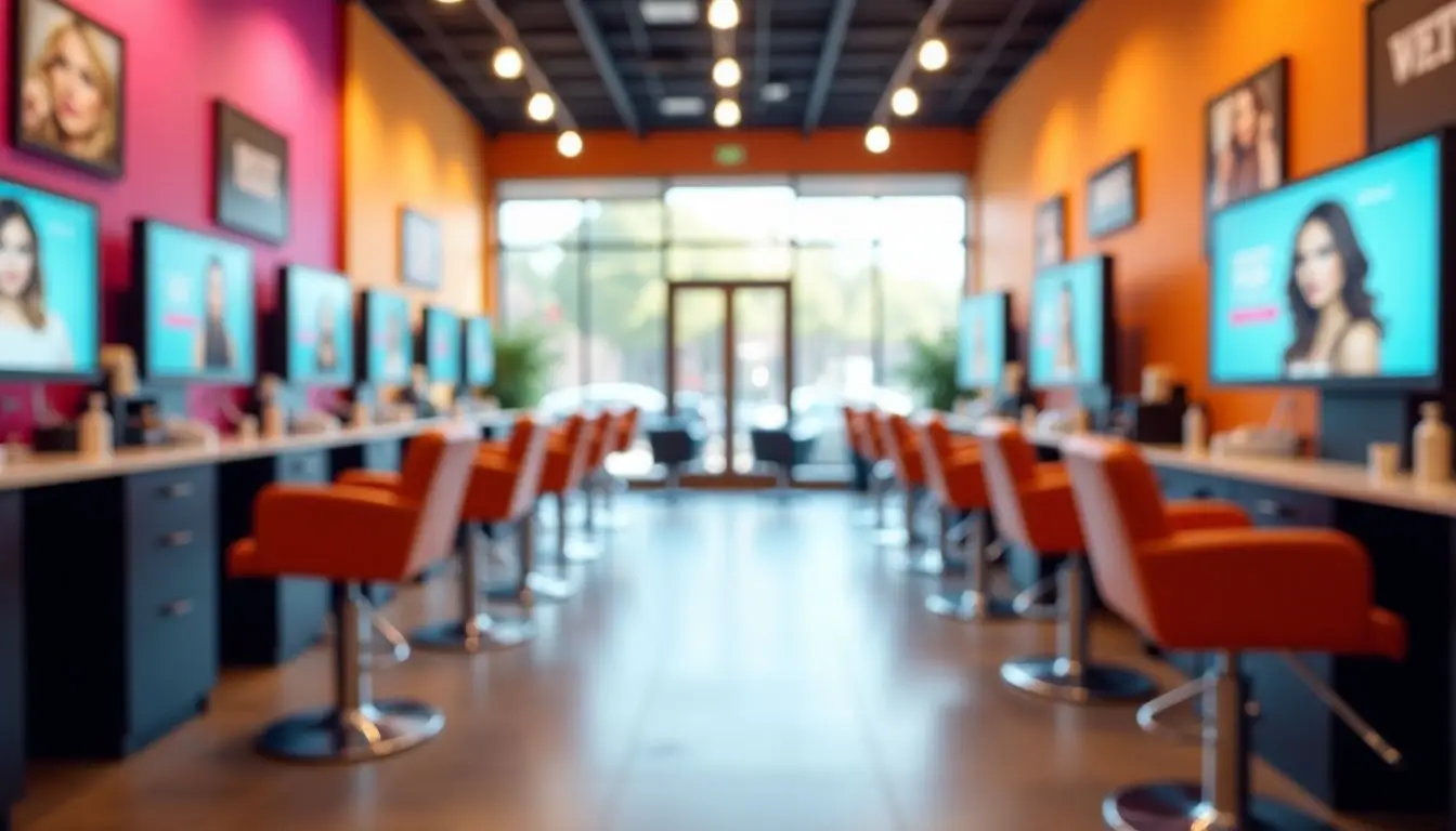 A modern salon with digital screens displaying promotions and services.
